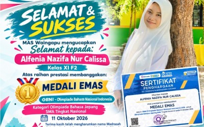 Selamat kepada: Alfenia Nazifa Nur Calissa Kelas XI F2 Atas raihan prestasi MEDALI EMAS pada OBNI 2026